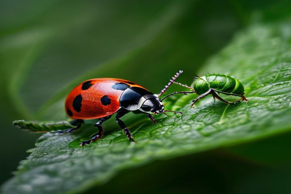 Ladybug eating aphids on a green leaf