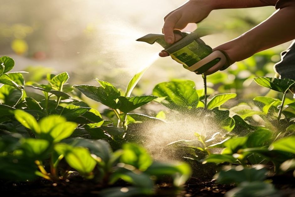 Gardener spraying neem oil solution on vegetable plants