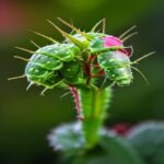 Green aphids clustered on a rose bud and stem