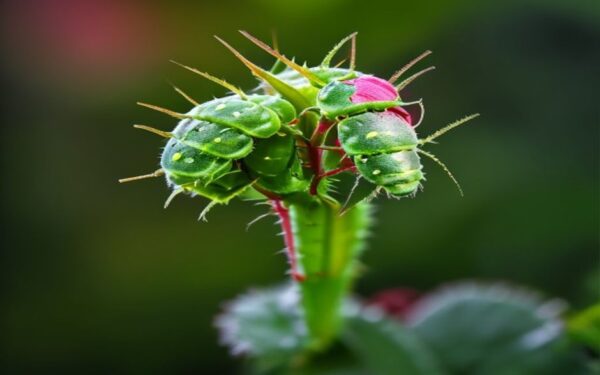 Green aphids clustered on a rose bud and stem