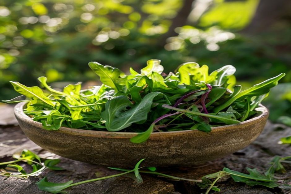 Freshly harvested arugula and baby spinach in a garden bowl