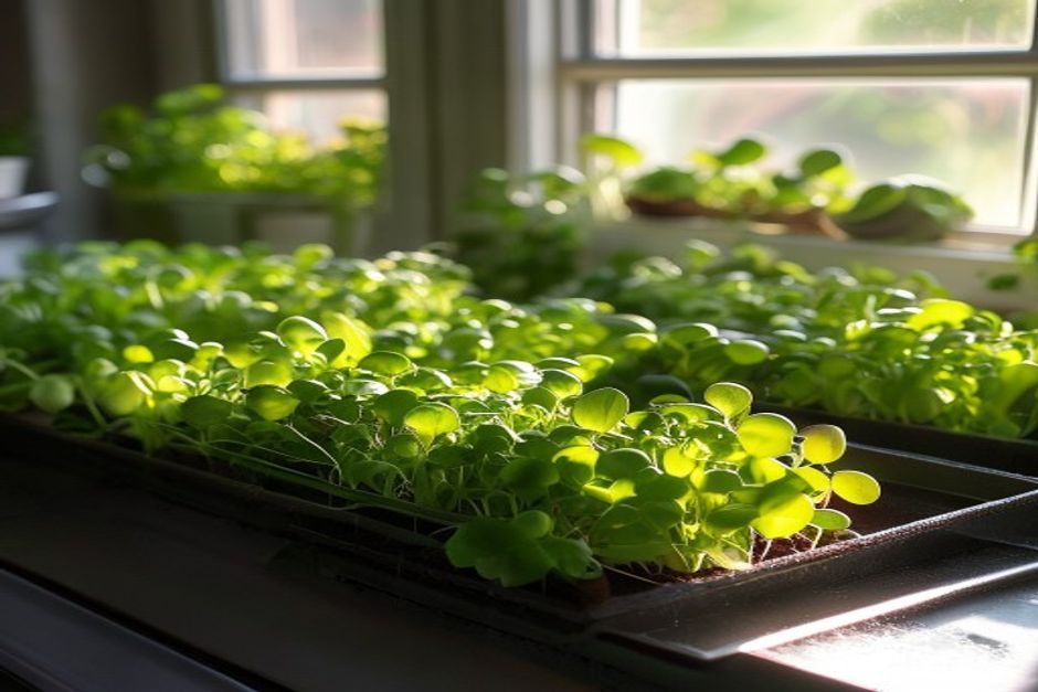 Trays of young microgreens ready to harvest in 7 to 14 days