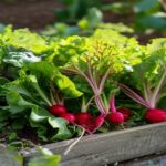 Fresh radishes and leaf lettuce growing in a raised bed garden