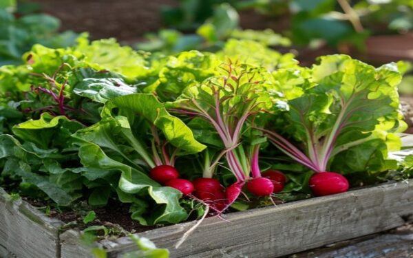 Fresh radishes and leaf lettuce growing in a raised bed garden