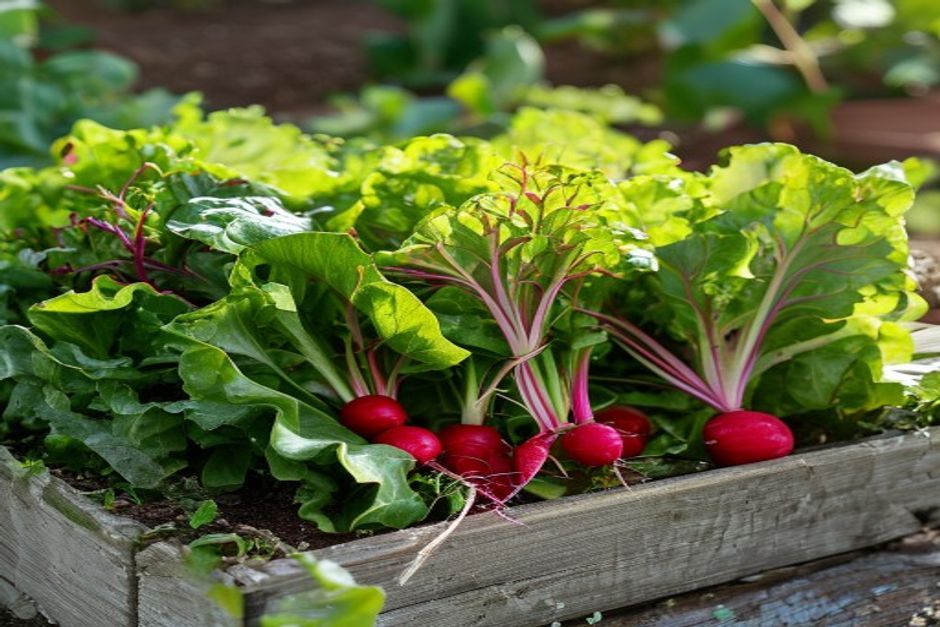 Fresh radishes and leaf lettuce growing in a raised bed garden