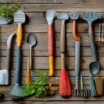 Essential garden tools arranged on wooden surface: trowel, pruners, spade, hoe