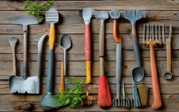 Essential garden tools arranged on wooden surface: trowel, pruners, spade, hoe
