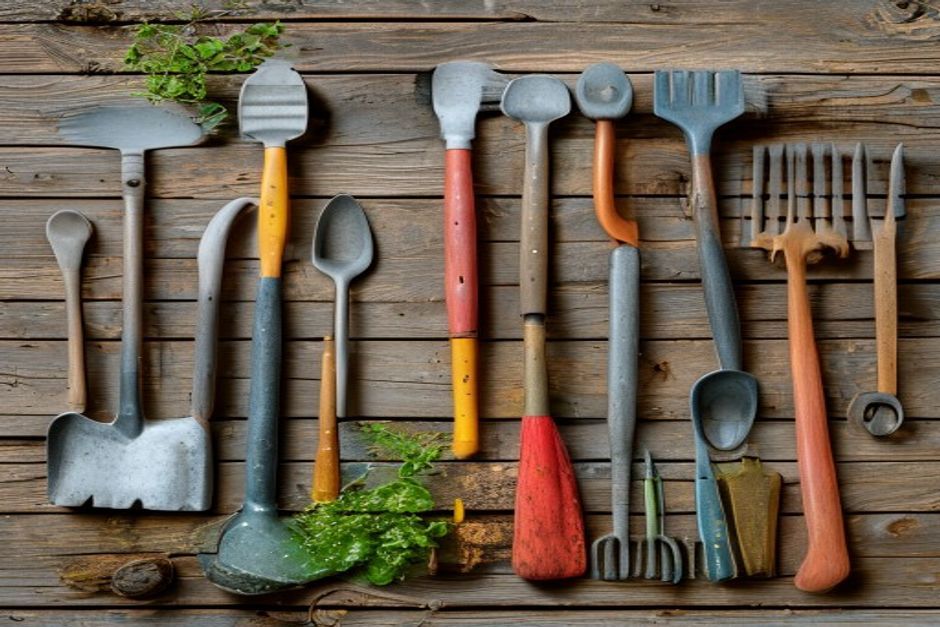 Essential garden tools arranged on wooden surface: trowel, pruners, spade, hoe
