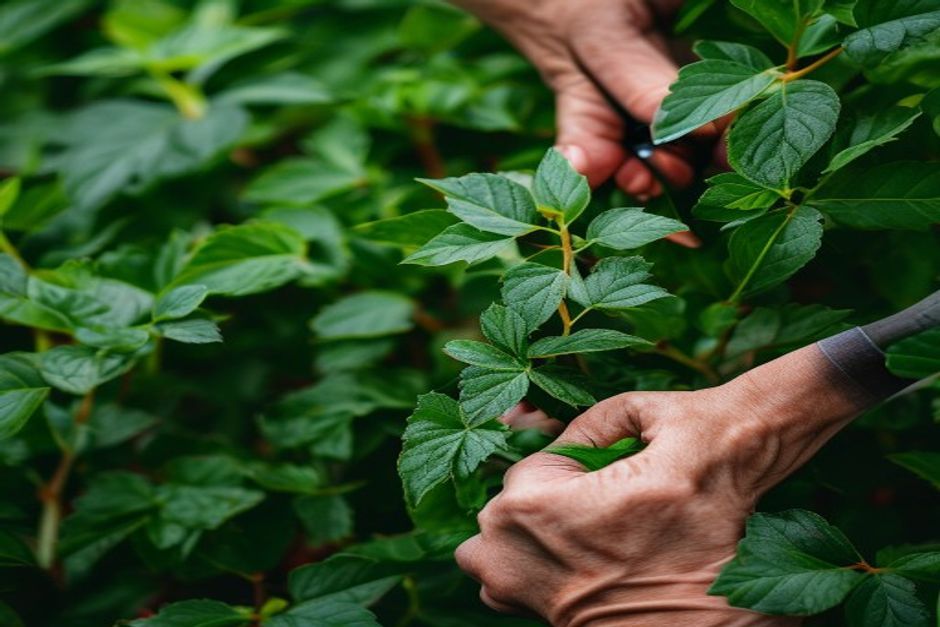 Gardener using pruning shears to trim a plant