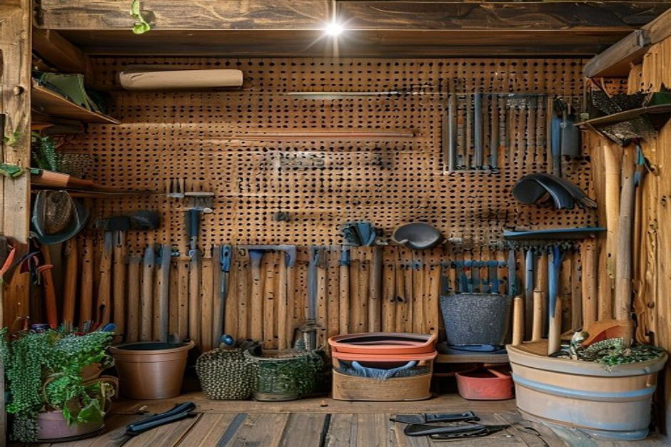 Organized garden shed with tools hung on pegboard wall