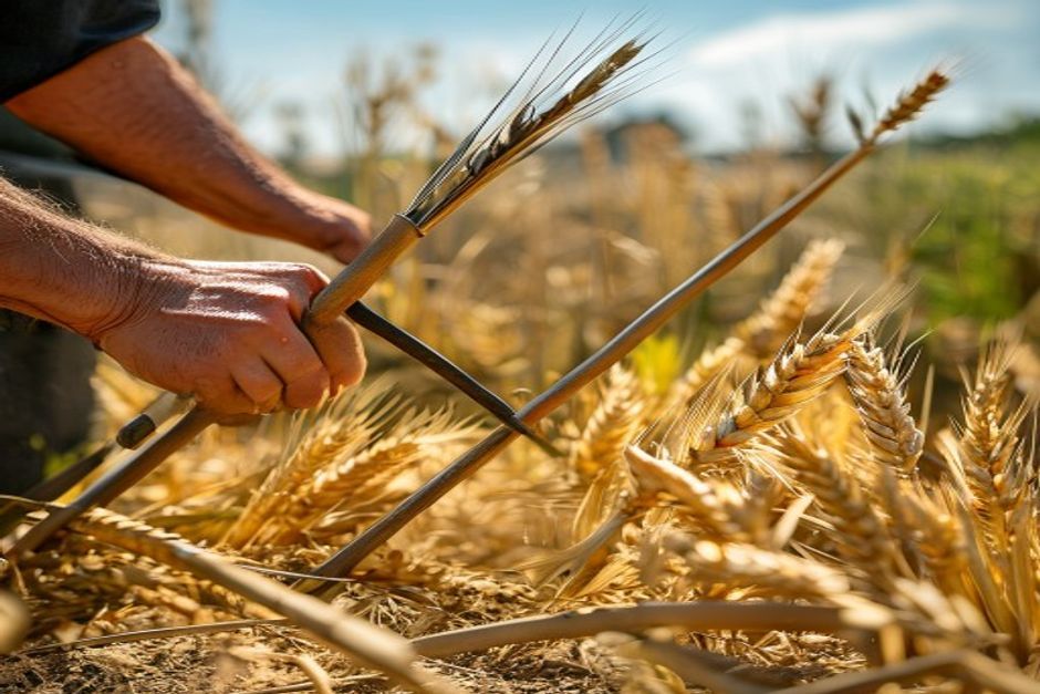 hand cutting wheat stalks with a scythe in a small plot