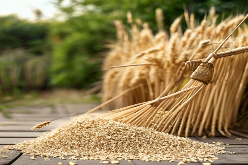 threshing wheat using a bucket and stick at home