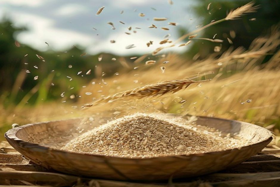 winnowing grain by tossing in a wide tray outdoors