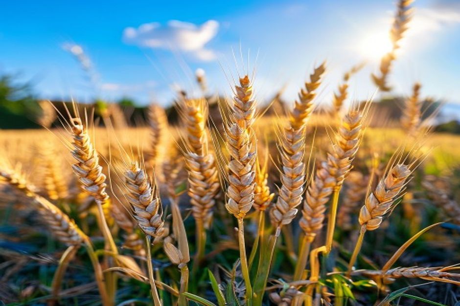 golden ripe wheat heads ready to harvest in a small backyard plot