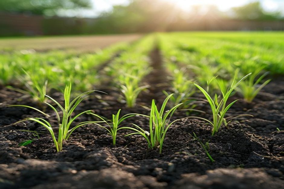 young green wheat seedlings growing in garden rows