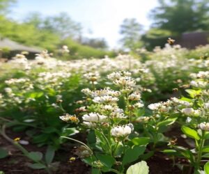 buckwheat plants with white flowers in a backyard plot
