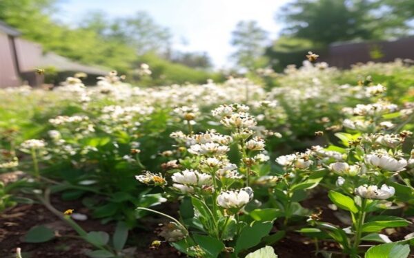 buckwheat plants with white flowers in a backyard plot