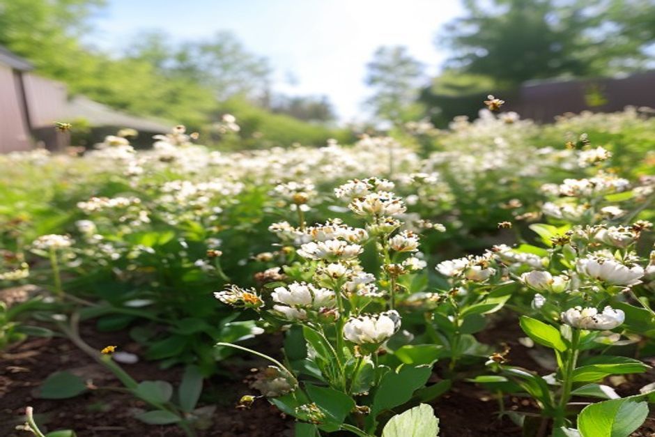buckwheat plants with white flowers in a backyard plot