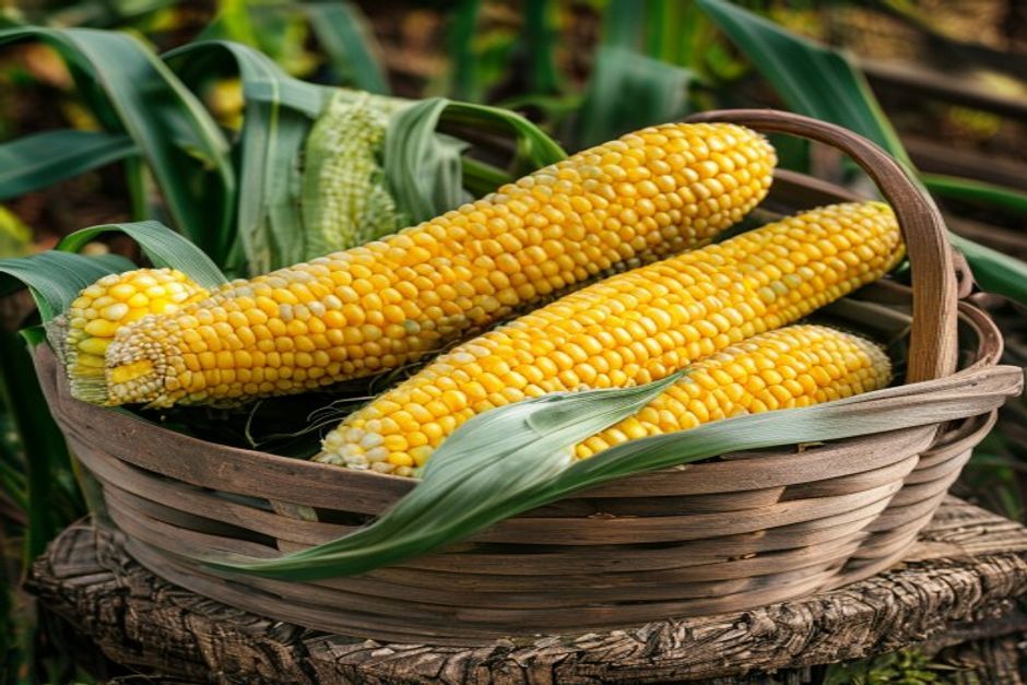 freshly harvested sweet corn ears in a garden basket