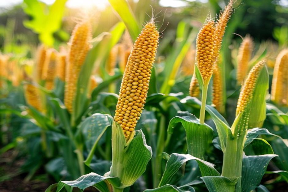 sweet corn and popcorn varieties growing side by side in a home garden