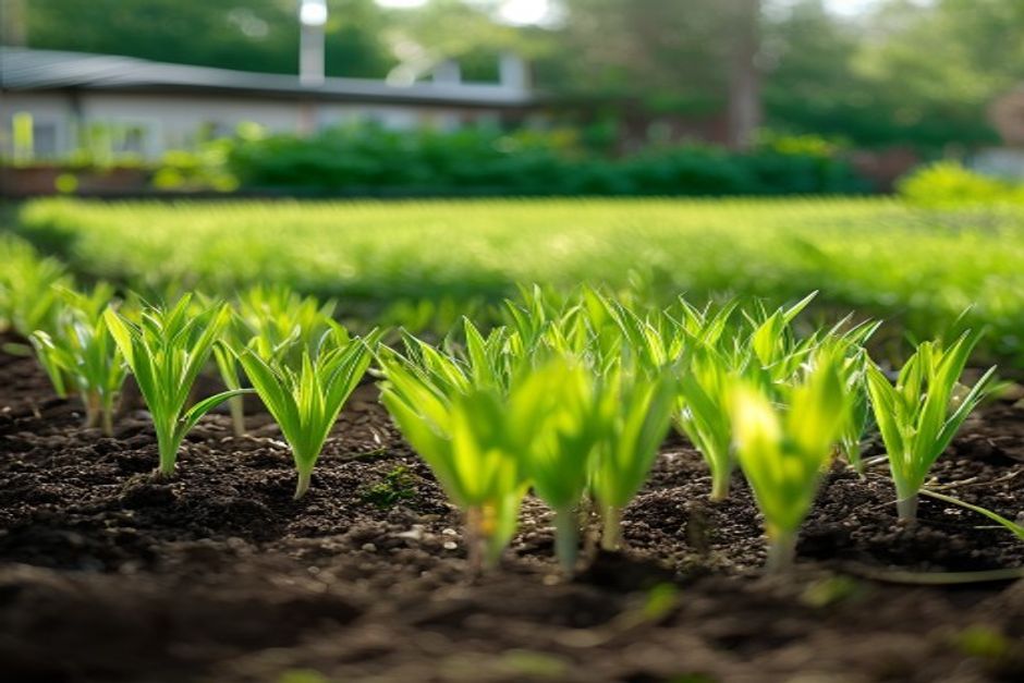 young green millet seedlings in garden rows