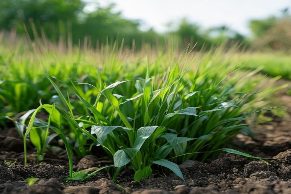 young green oat cover crop in a garden bed