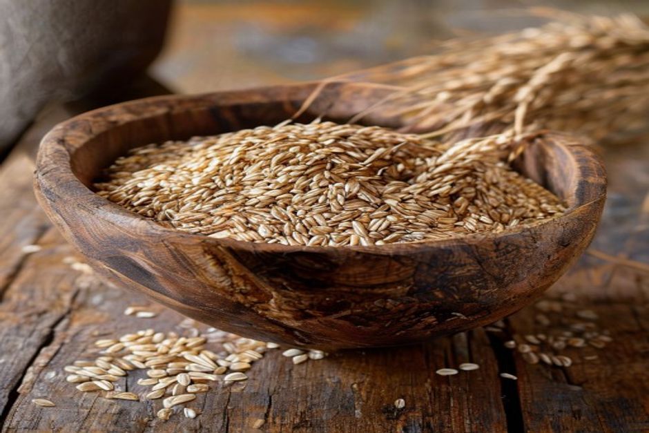 harvested oat grains in a rustic wooden bowl