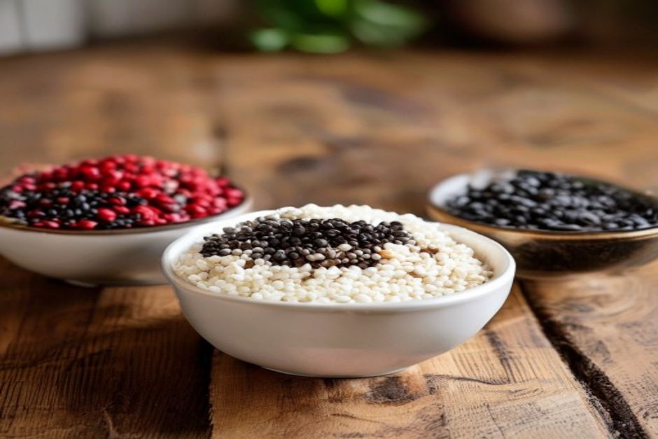 quinoa seeds in white red and black in a wooden bowl