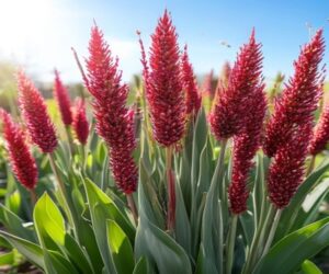 tall red and magenta quinoa plants with seed heads