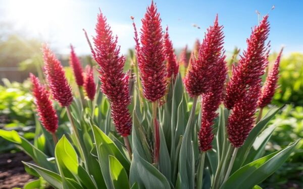 tall red and magenta quinoa plants with seed heads