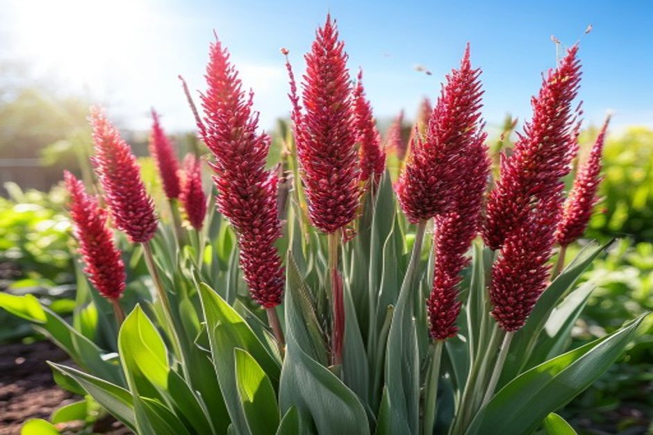 tall red and magenta quinoa plants with seed heads