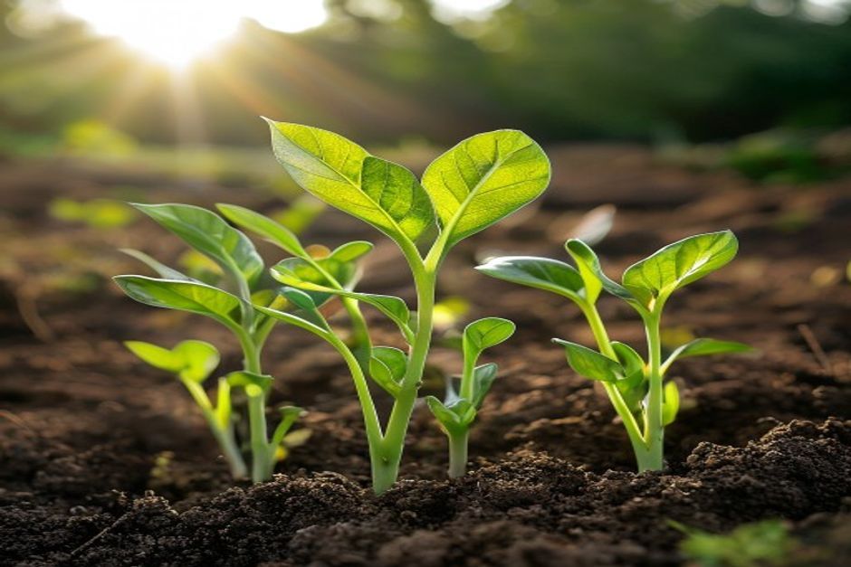 young quinoa seedlings in garden soil