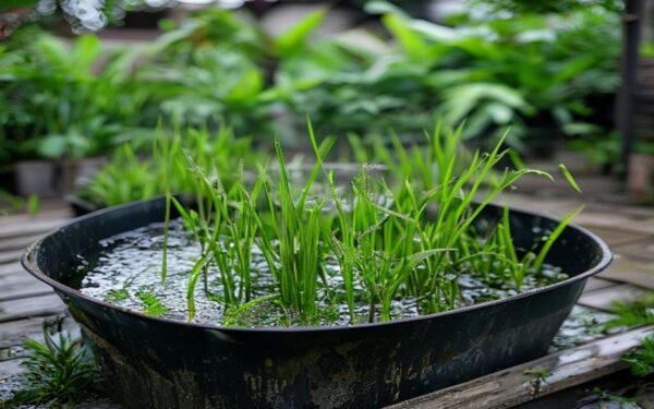 rice plants growing in a flooded container on a patio