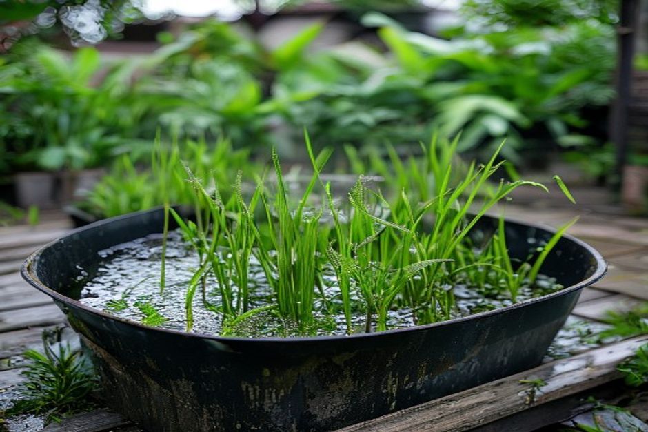 rice plants growing in a flooded container on a patio