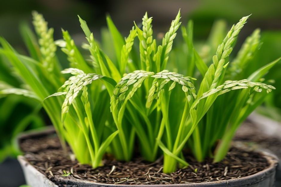 close up of young green rice plants