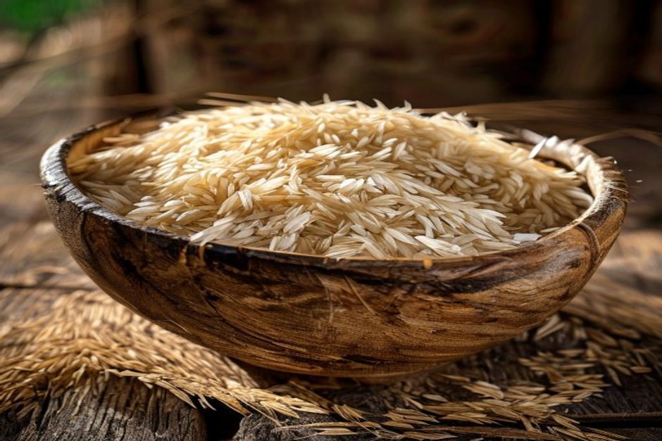 harvested rice grains with husks in a bowl