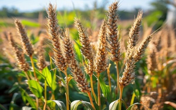tall sorghum plants with large seed panicles at the top