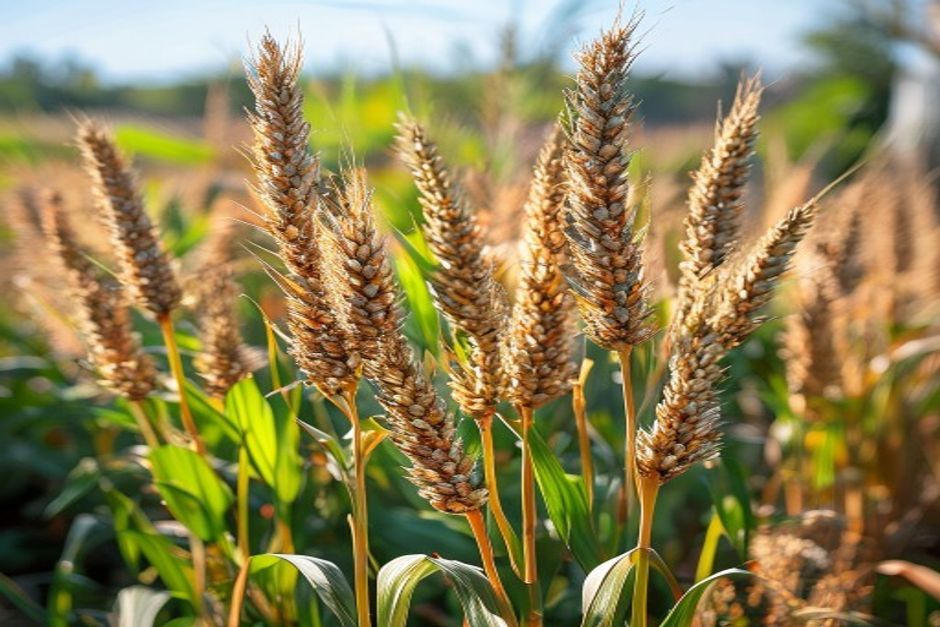 tall sorghum plants with large seed panicles at the top