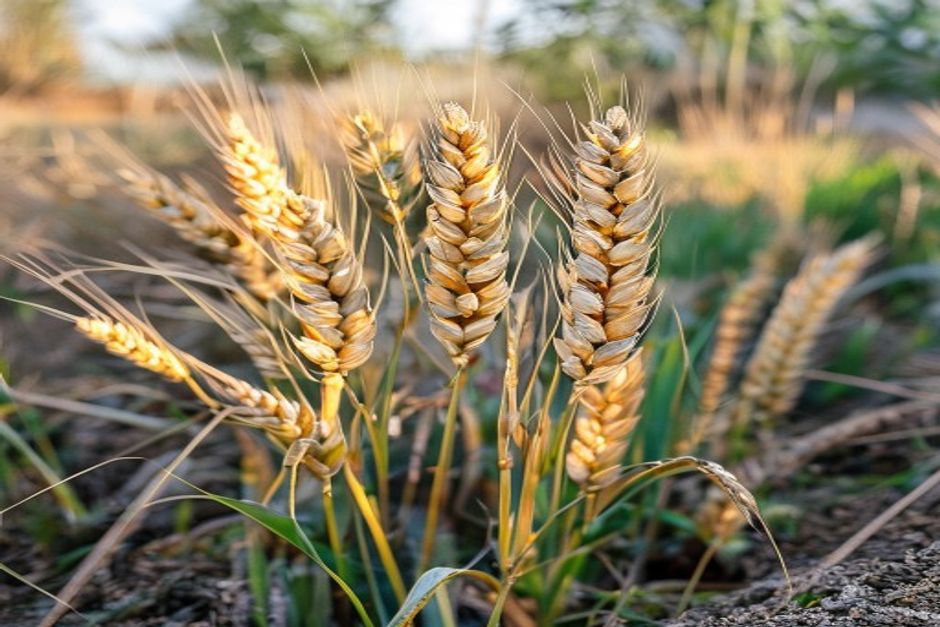 einkorn wheat with distinctive heads in a backyard plot
