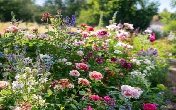 Mixed perennial flower border with roses, lavender, and salvia in full bloom