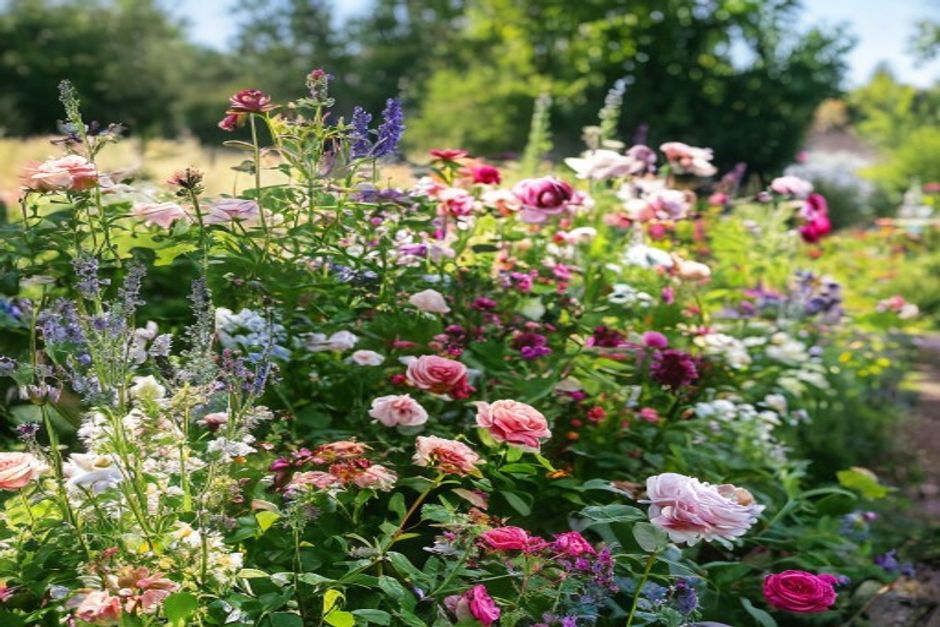 Mixed perennial flower border with roses, lavender, and salvia in full bloom