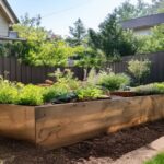 Newly built cedar raised garden bed in a backyard
