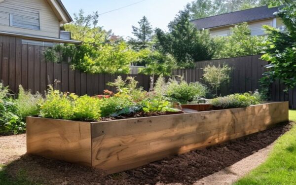 Newly built cedar raised garden bed in a backyard
