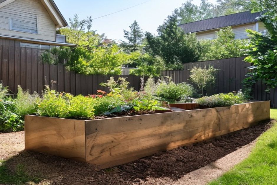 Newly built cedar raised garden bed in a backyard