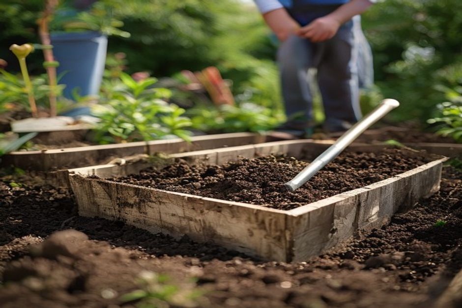 Gardener adding soil mix to a wooden raised bed