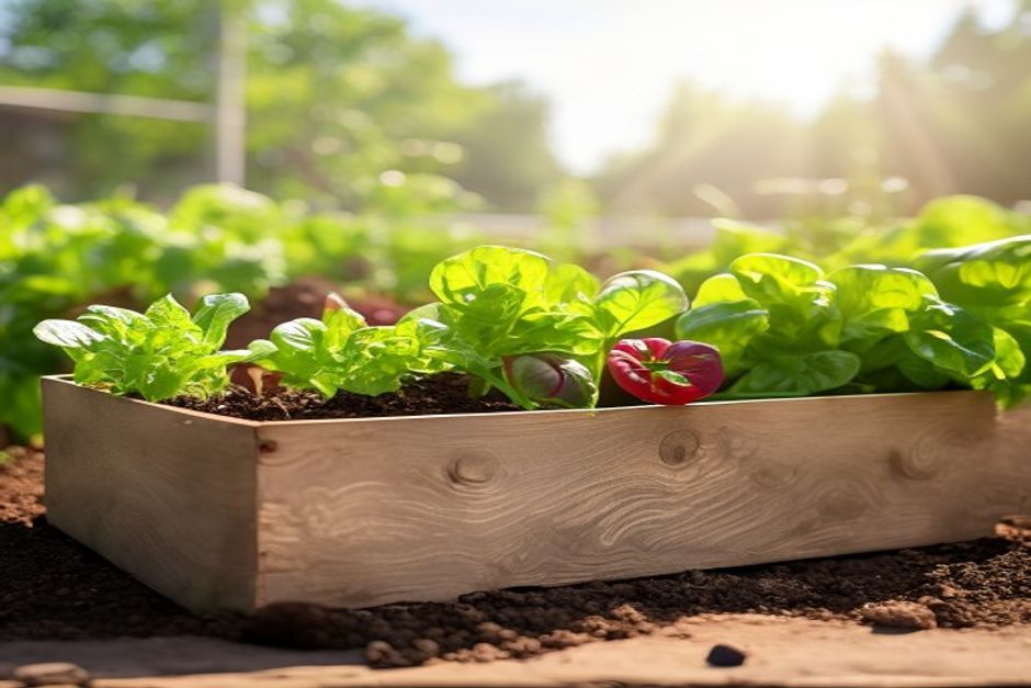 Raised bed with lettuce, tomatoes, and herbs newly planted