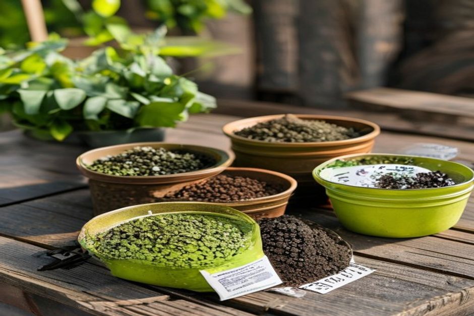Soil amendments including lime, sulfur, and compost in garden containers
