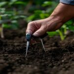 Gardener testing soil pH with a probe meter in garden soil