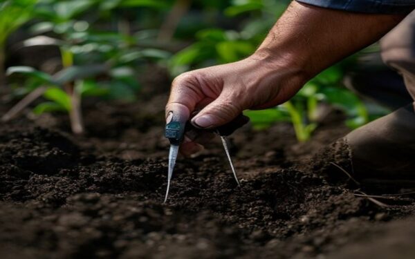 Gardener testing soil pH with a probe meter in garden soil