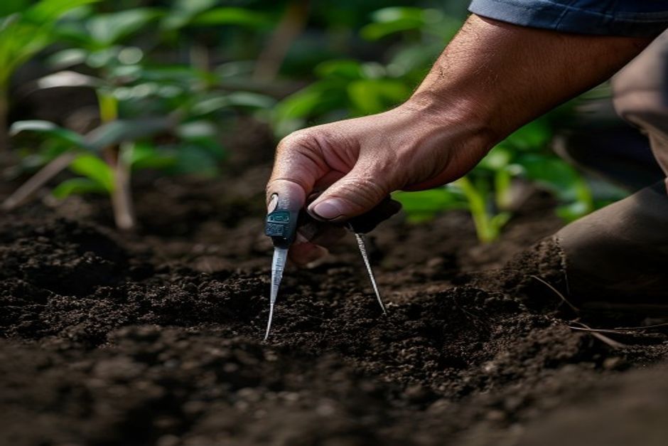 Gardener testing soil pH with a probe meter in garden soil